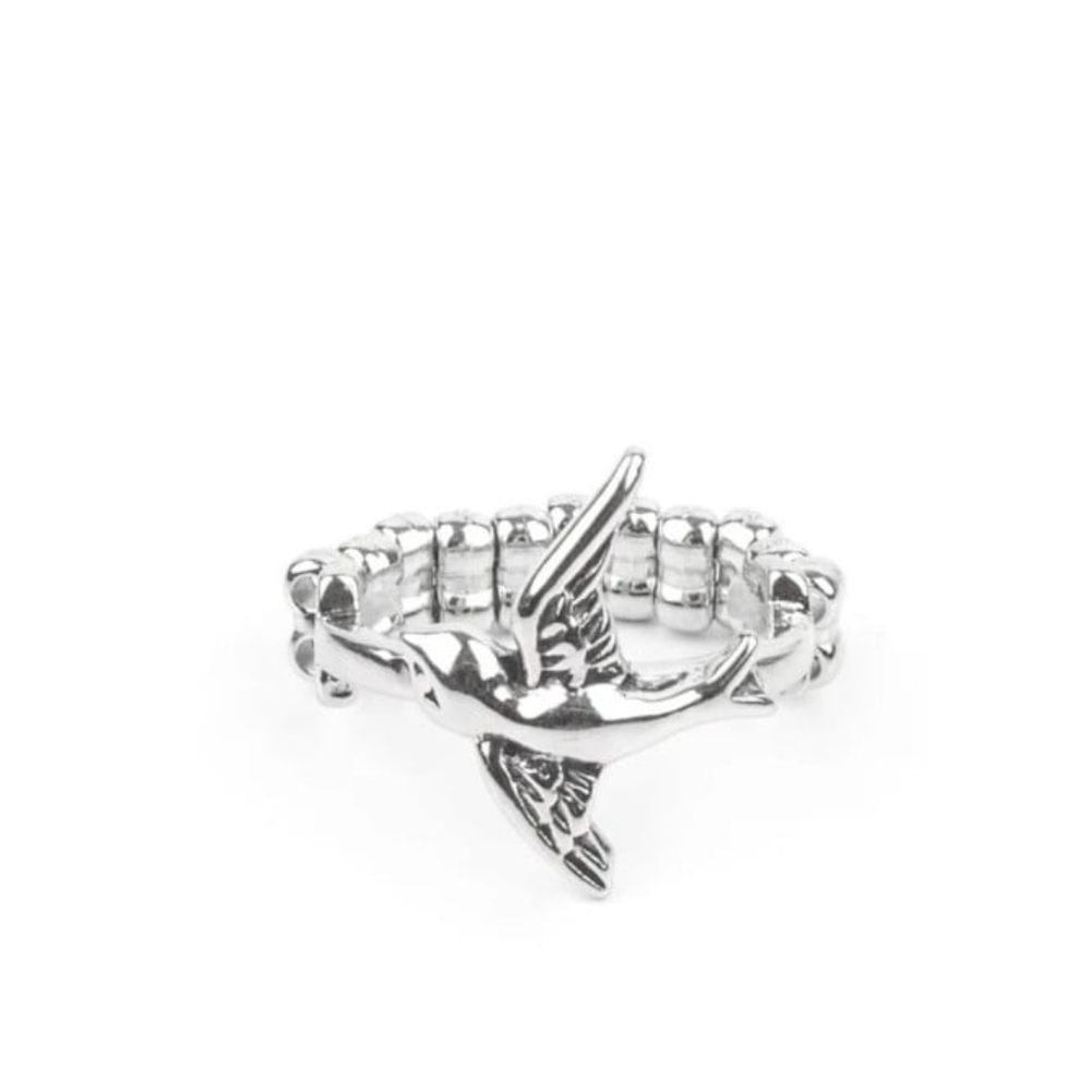 Paparazzi Silver Musical Note Ring Bird Engraved Danity Stretchy Band Jewelry
